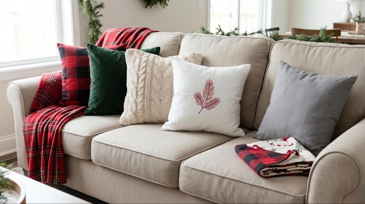 Christmas decorating hacks for the sofa, buffalo check, velvet, cable knit and pine sprig pillow covers
