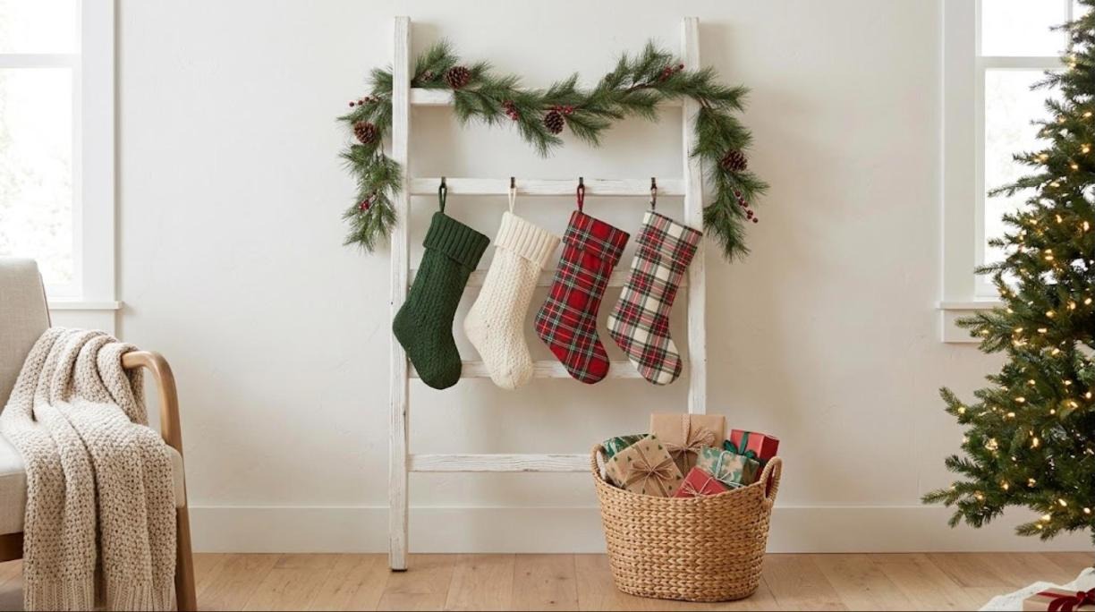 Christmas decorating hacks with no mantel, stockings hanging from a white blanket ladder with pine garland