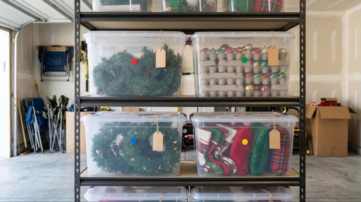 Clear storage bins on garage shelves holding garland, ornaments in egg cartons, wreaths and stockings with color dots