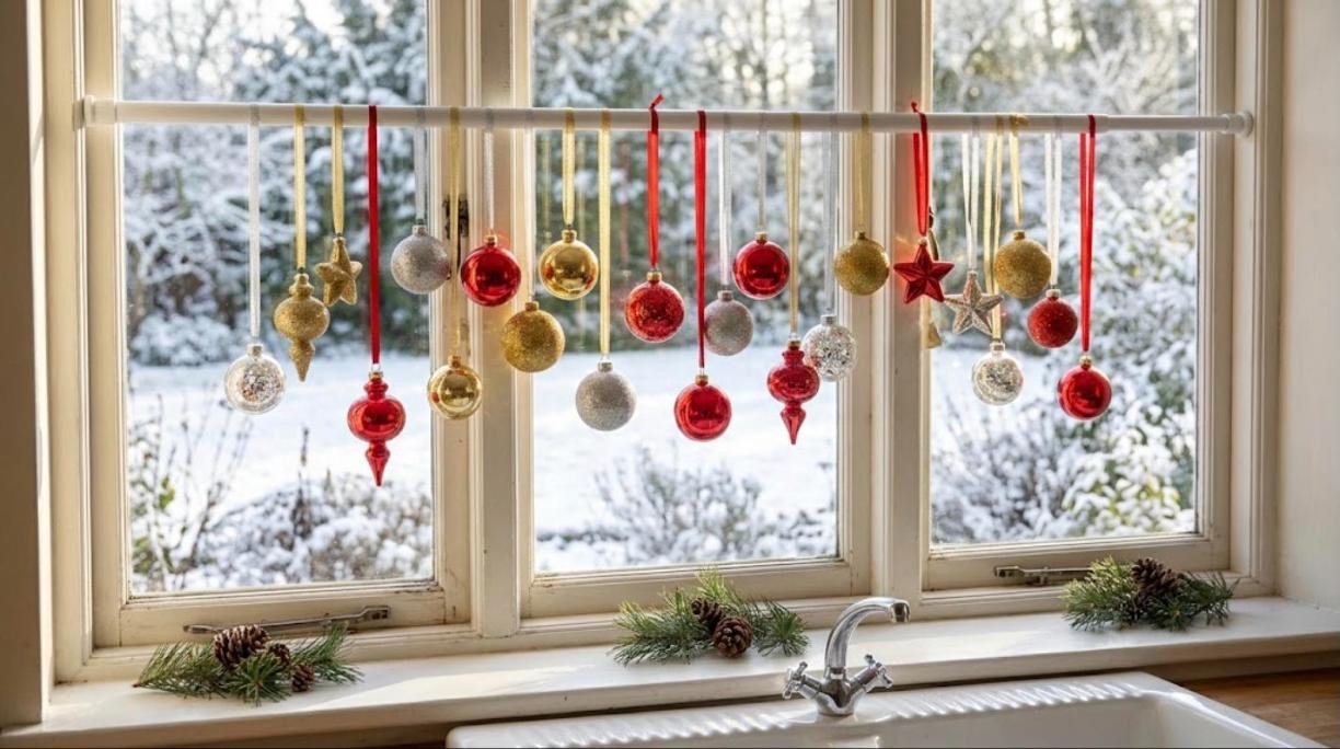 Tension rod inside a kitchen window with red, gold and silver ornaments hanging on ribbons