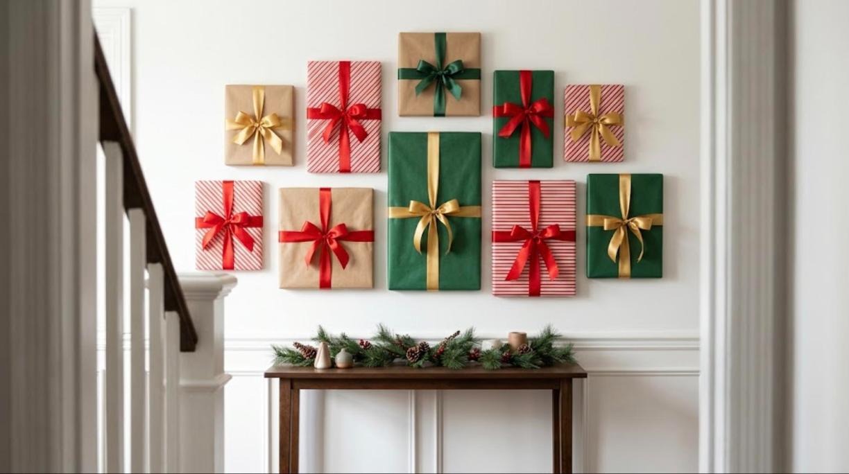 Hallway gallery wall of picture frames wrapped like presents in kraft, striped and green paper with bows