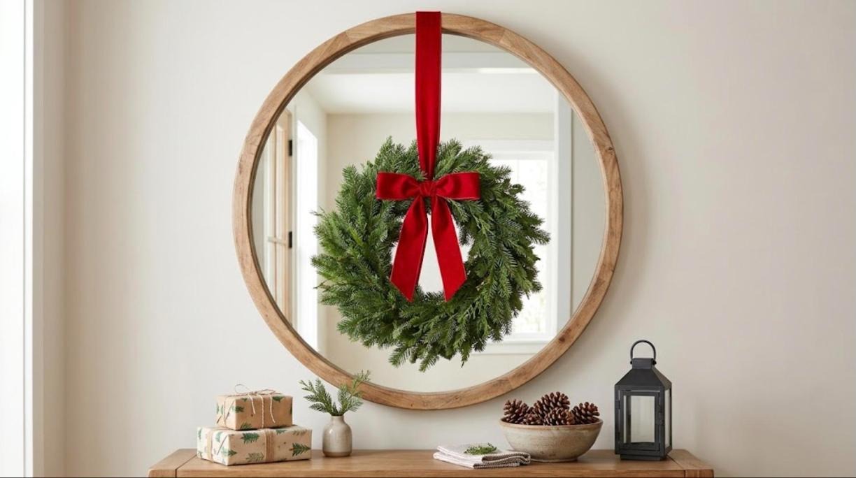 Christmas decorating hacks for the entryway, a wreath hung over a round mirror on a long red velvet ribbon