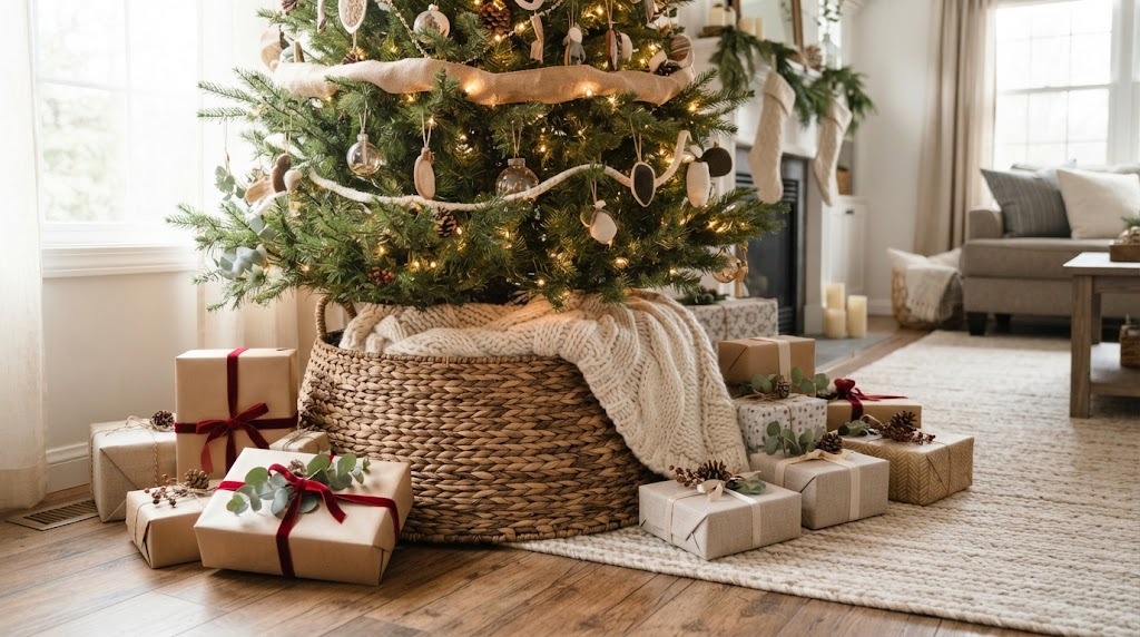 Christmas tree base in a woven seagrass basket collar with a cream knit blanket