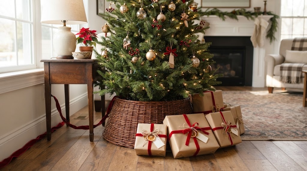 Christmas tree with light cords hidden under red velvet ribbon along the baseboard