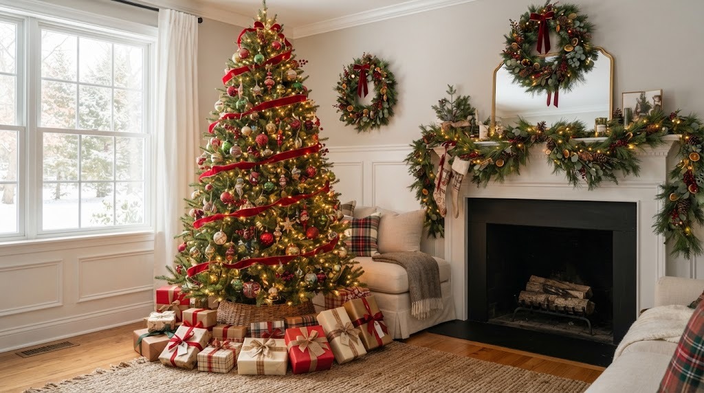 Christmas Decorating Mistakes fixed in a styled living room with a ribbon wrapped tree and full mantel garland