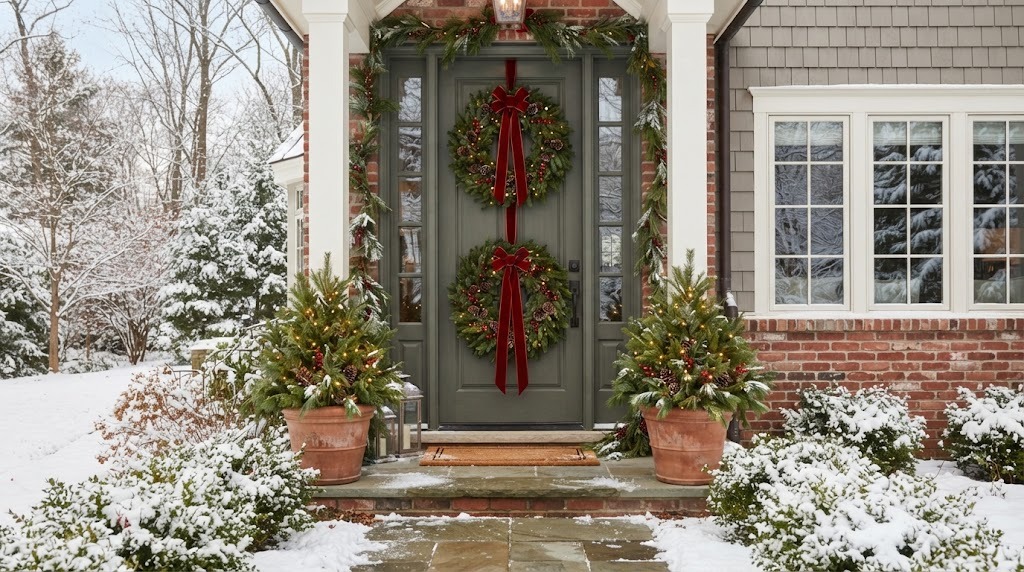 Two evergreen wreaths stacked on a front door with a long red velvet ribbon
