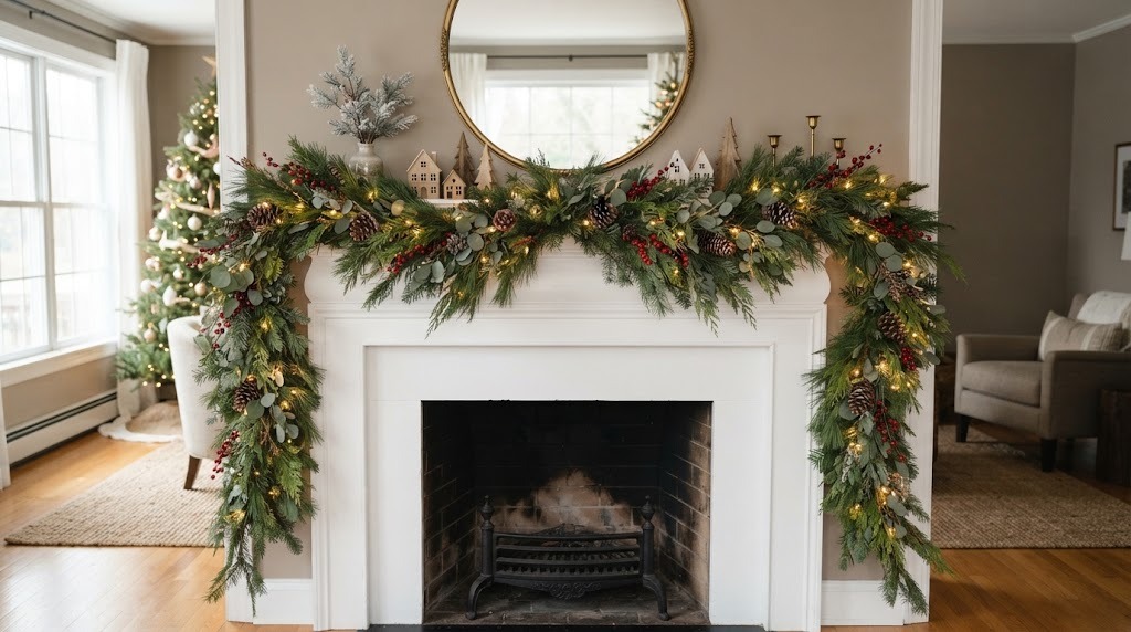Christmas Decorating Mistakes fixed with a lush layered mantel garland with pine cones and lights