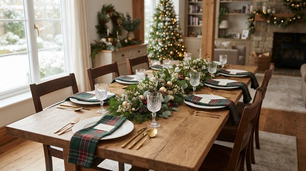 Christmas Decorating Mistakes fixed with a low greenery centerpiece on a dinner table