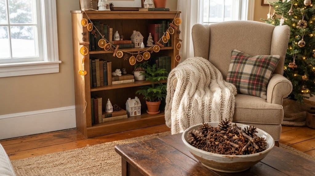 Dried orange and cinnamon garland on a bookshelf with a chunky wool throw