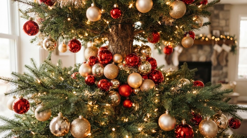 Clusters of red, gold and champagne ornaments tucked deep inside Christmas tree branches