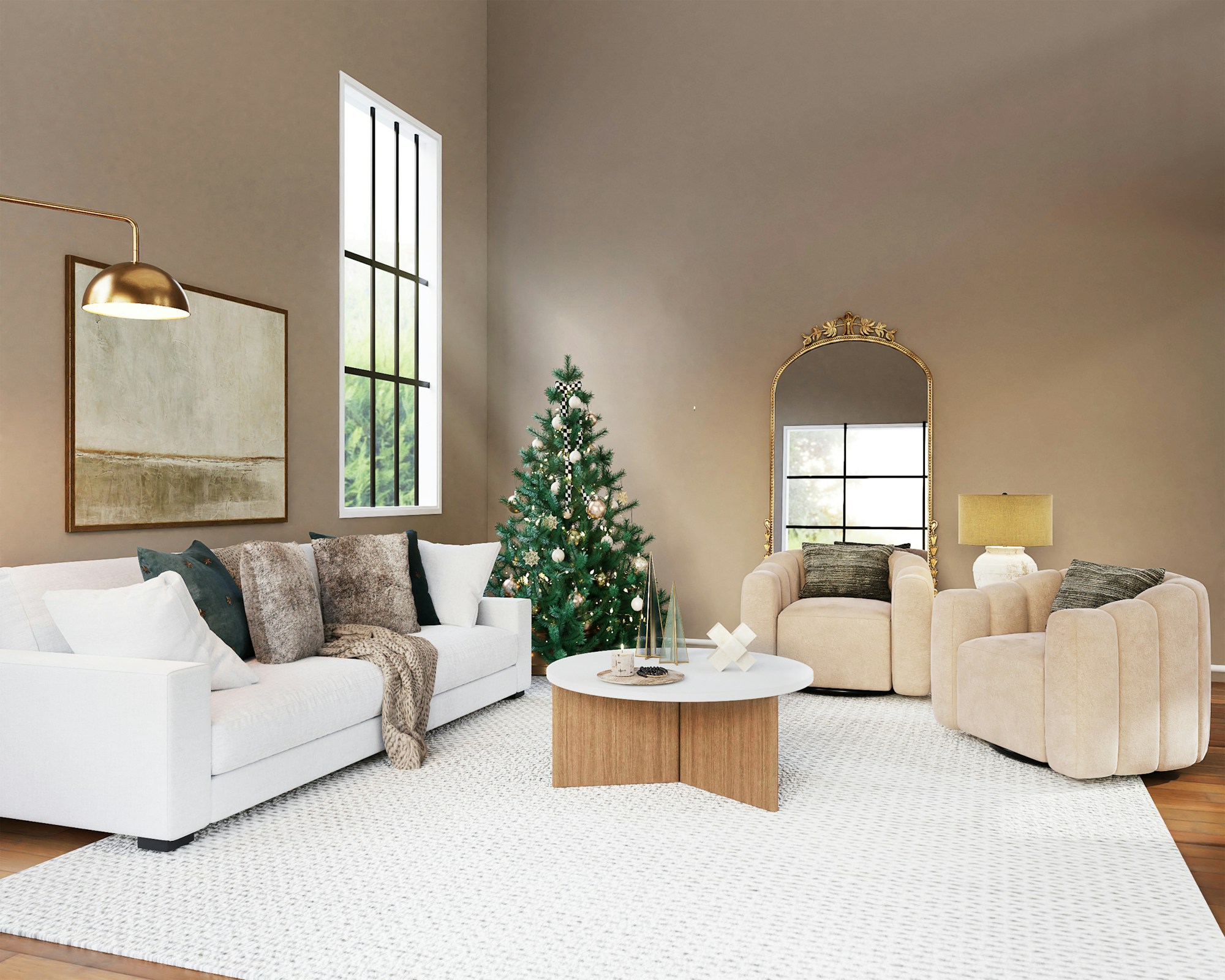 Christmas Decorating Mistakes avoided in a calm living room with a green tree and neutral colors