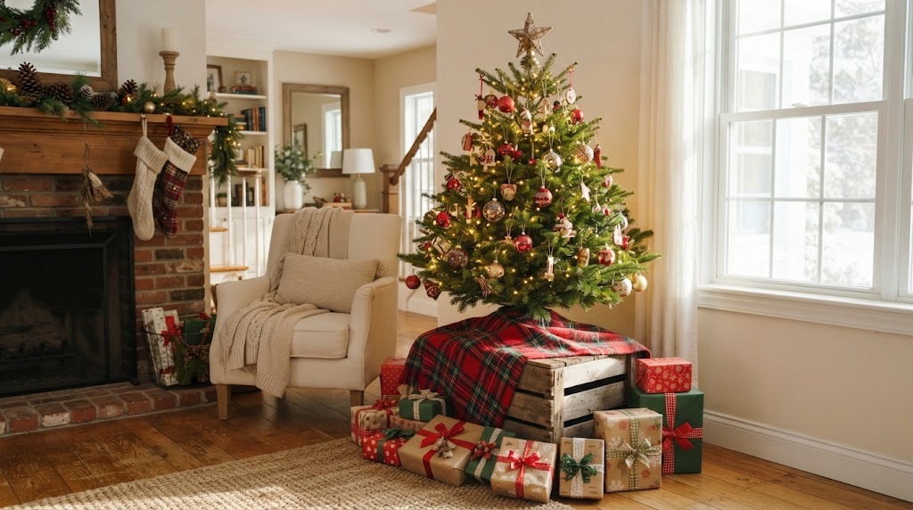 Small Christmas tree raised on a wooden crate wrapped in a plaid blanket