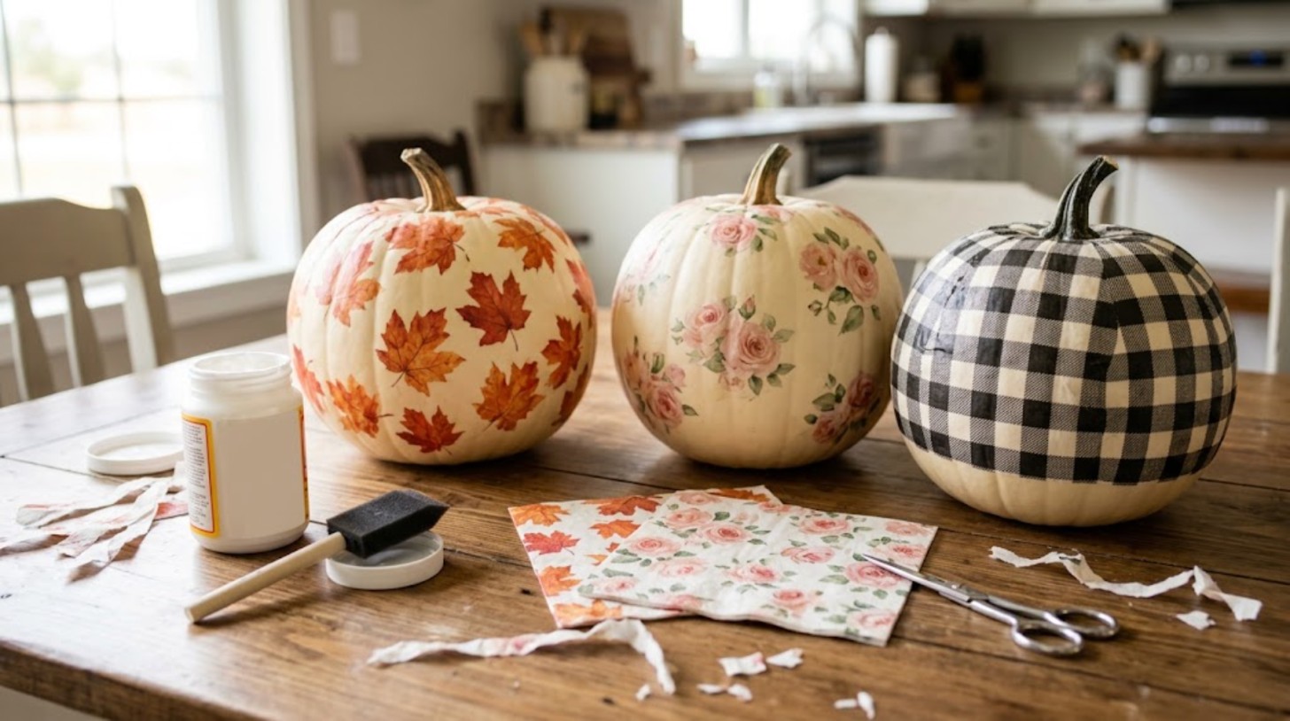 No-carve pumpkin ideas: three cream pumpkins decoupaged with fall leaf, rose and buffalo check paper napkins