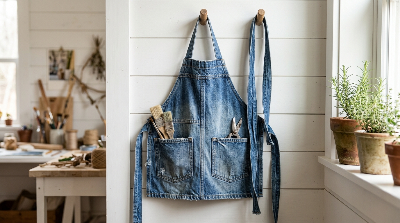 Denim apron made from old jeans with front pockets hanging on a hook