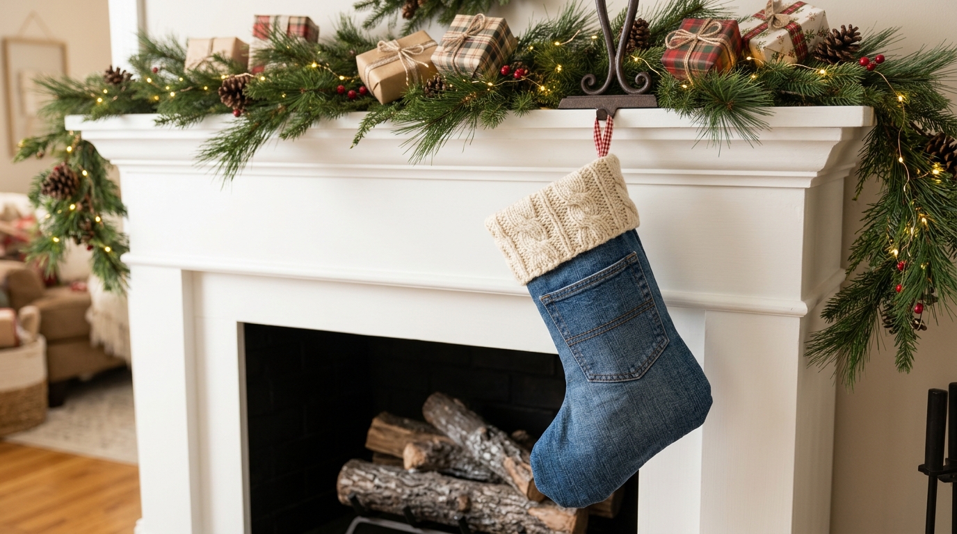 Christmas stocking made from old jeans with a cream knit cuff hanging on a mantel