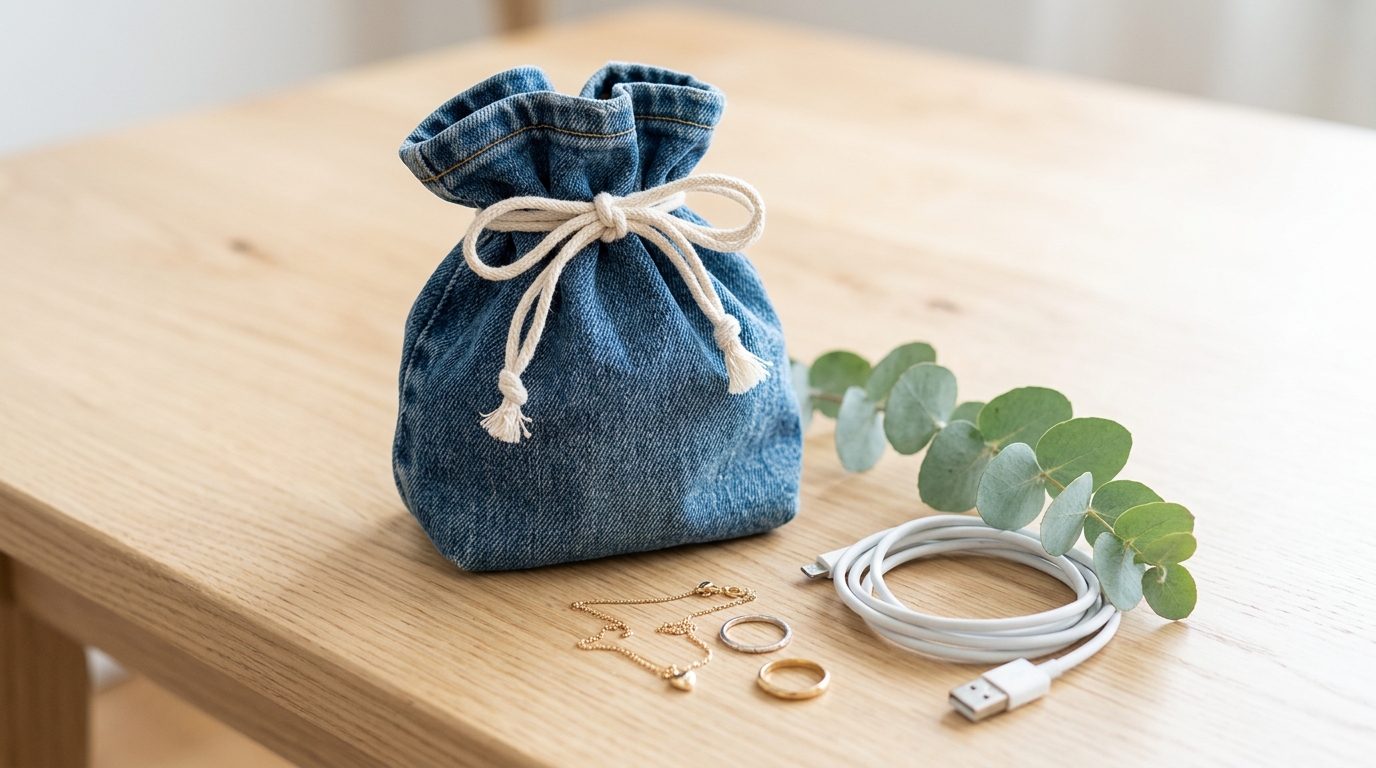 Small denim drawstring pouch with a cotton cord made from old jeans