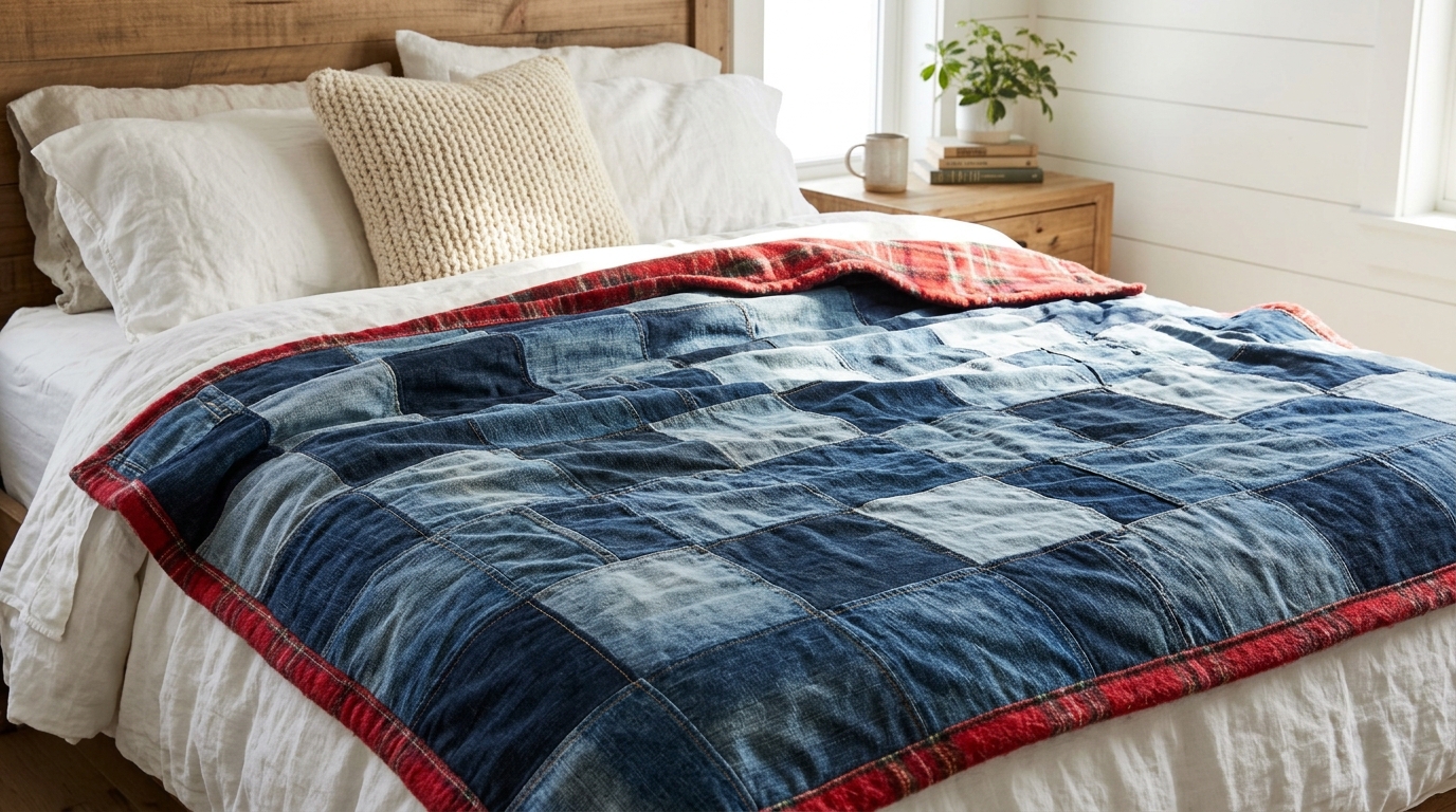 Denim patchwork quilt in light and dark blue squares on a bed