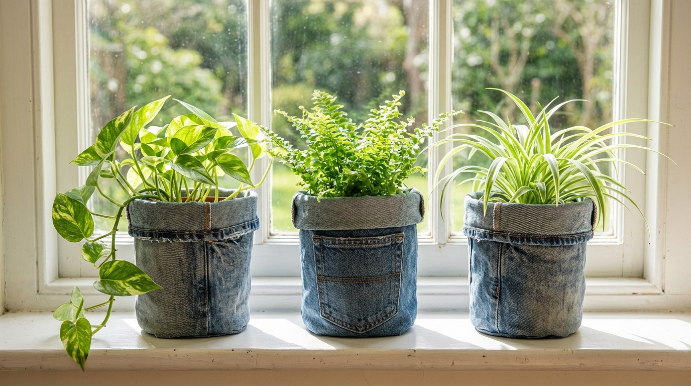 Plant pot wrapped in an old jeans leg with a green houseplant