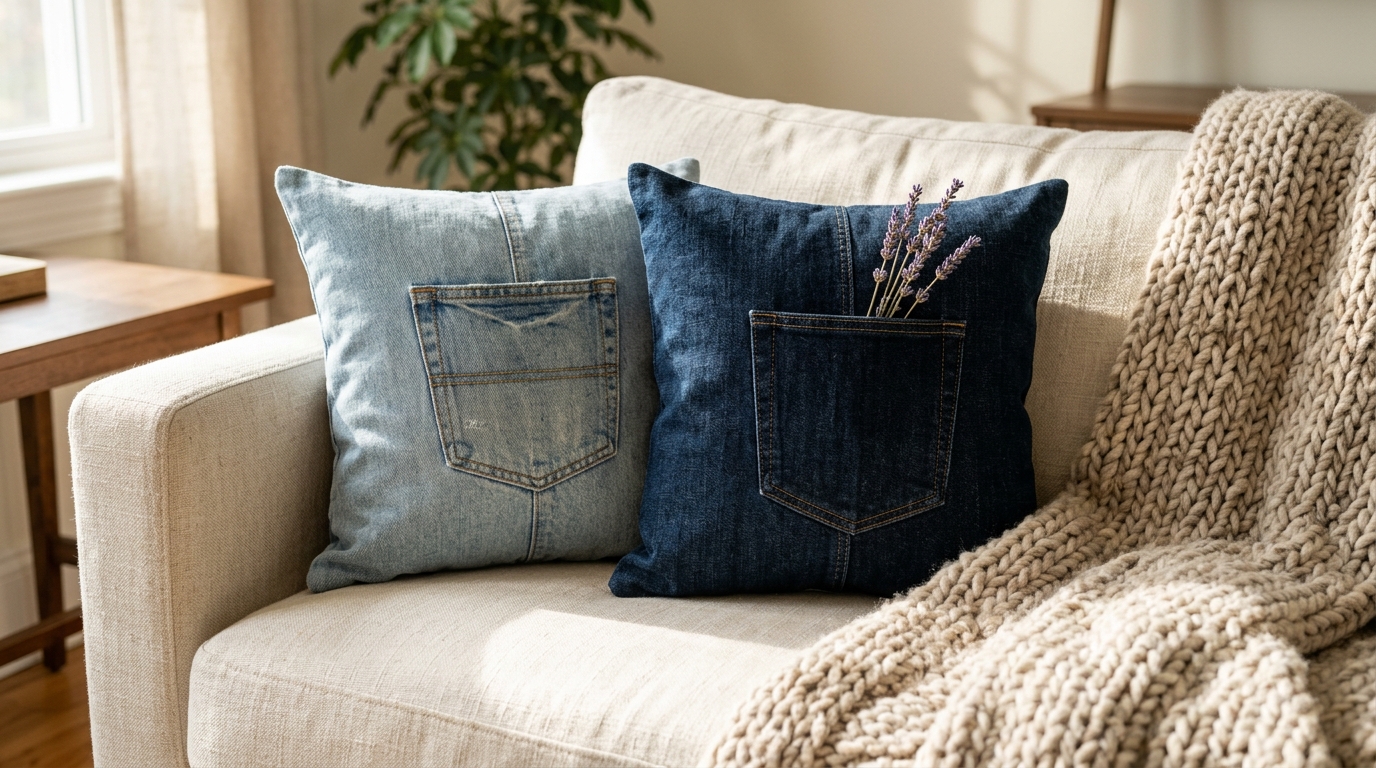 Denim pillow covers with jeans pockets on a cozy sofa