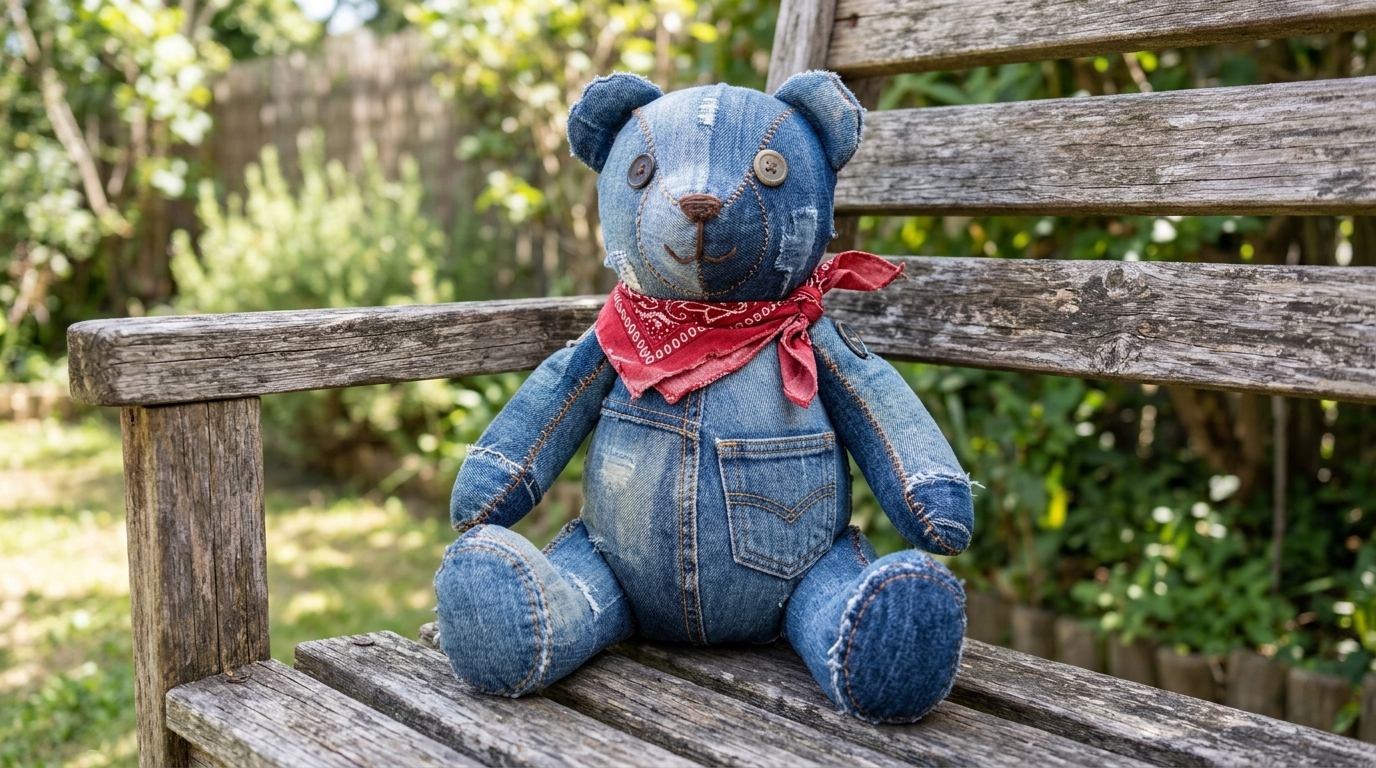 Blue denim teddy bear made from old jeans with a red bandana on a wooden bench