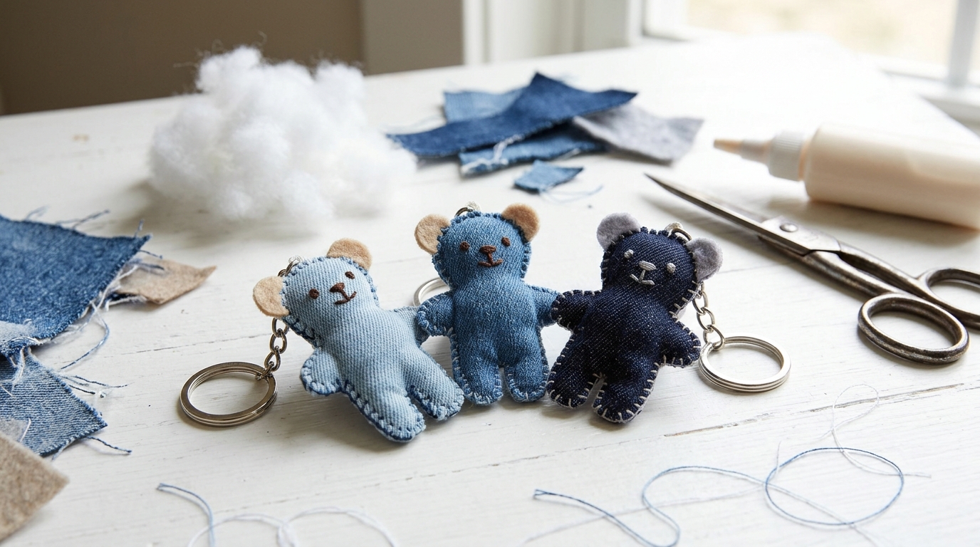 Tiny no sew teddy bear keychains made from denim scraps