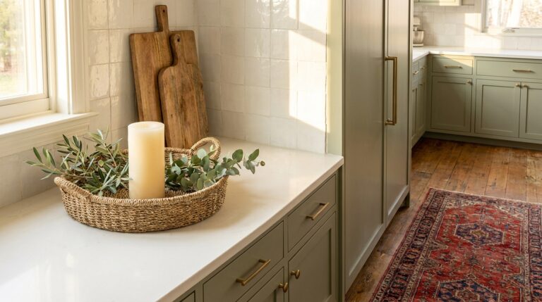 Designer kitchen looks: a woven basket with an unlit pillar candle and olive branches on a counter beside sage cabinets and a vintage rug
