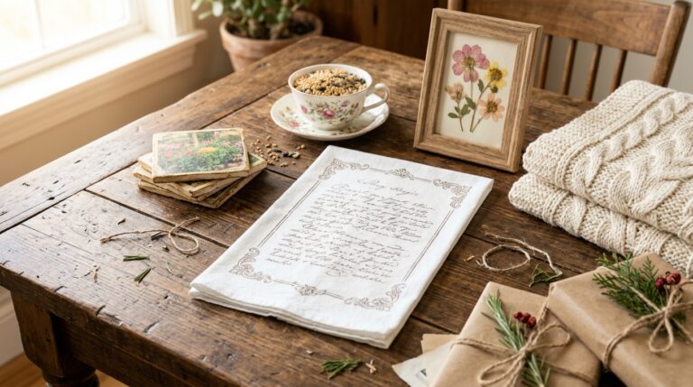 DIY gifts for grandma laid out on a farmhouse table, including a recipe tea towel, photo coasters and a teacup feeder