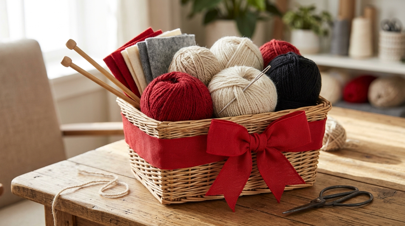Basket filled with colorful balls of yarn and knitting supplies