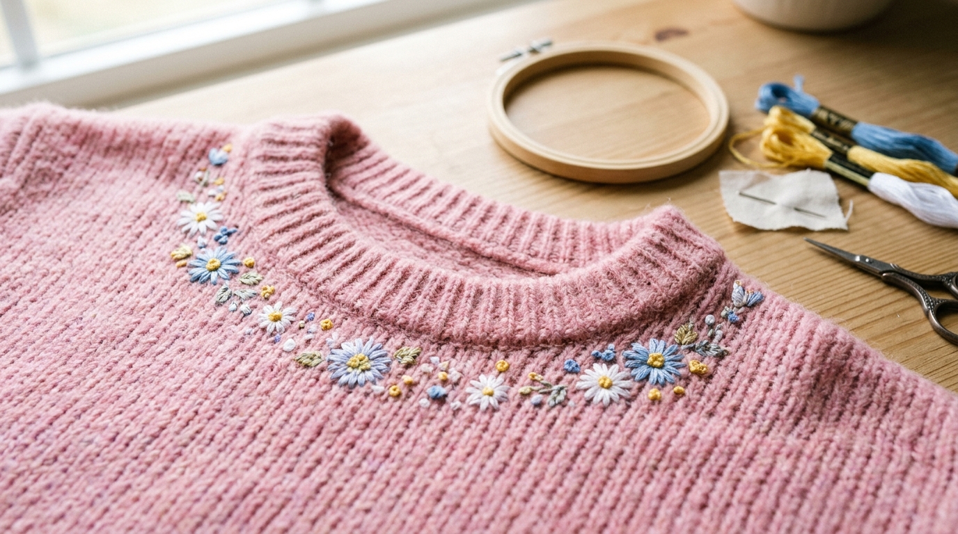 Hand embroidered flowers stitched along a collar