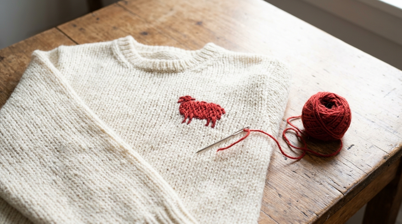 Cream knit sweater with a red sheep worked in duplicate stitch and a tapestry needle