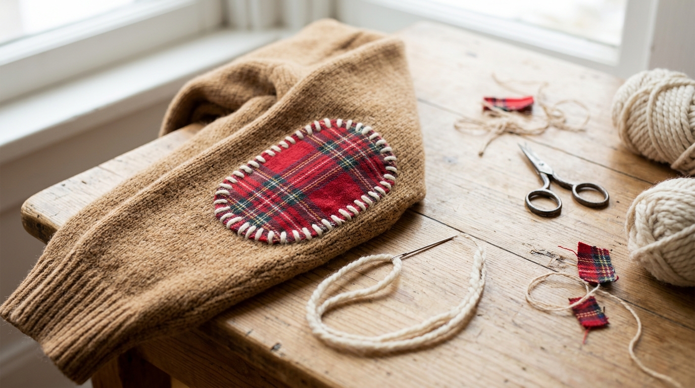 Knit sweater sleeve with a sewn on patch at the elbow