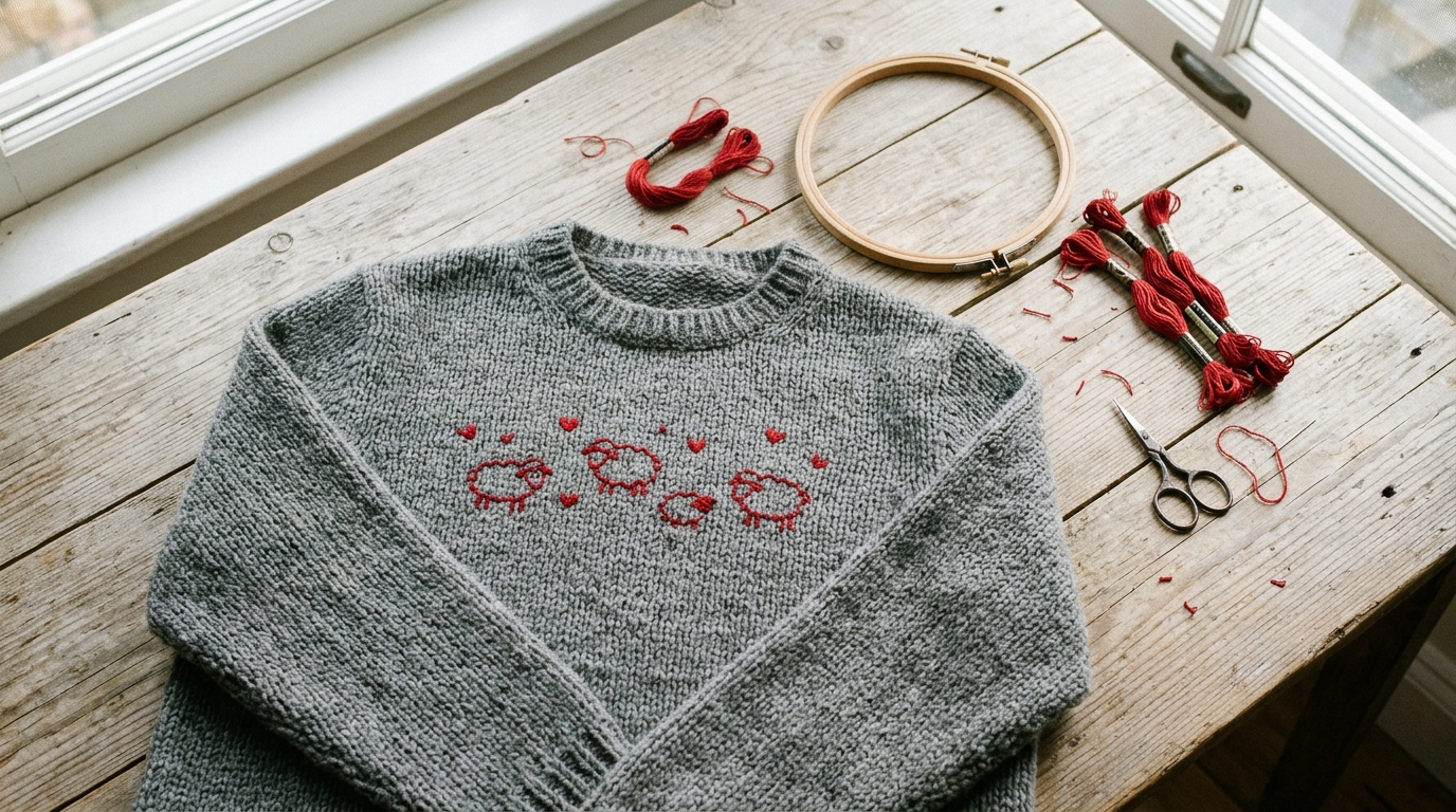 Princess Diana sweater style grey knit with hand embroidered red sheep and hearts