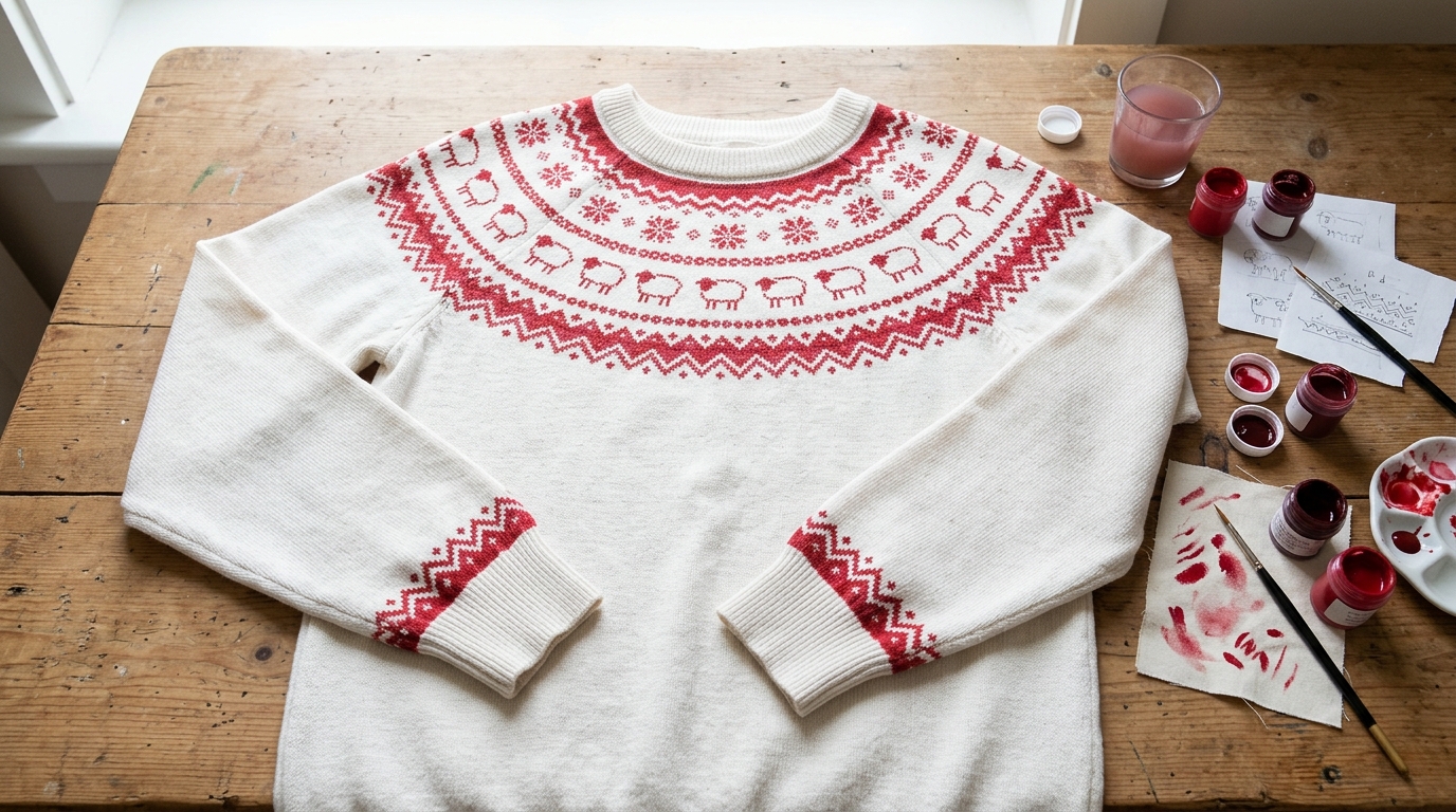 Princess Diana sweater inspired white sweater hand painted with a red Fair Isle border