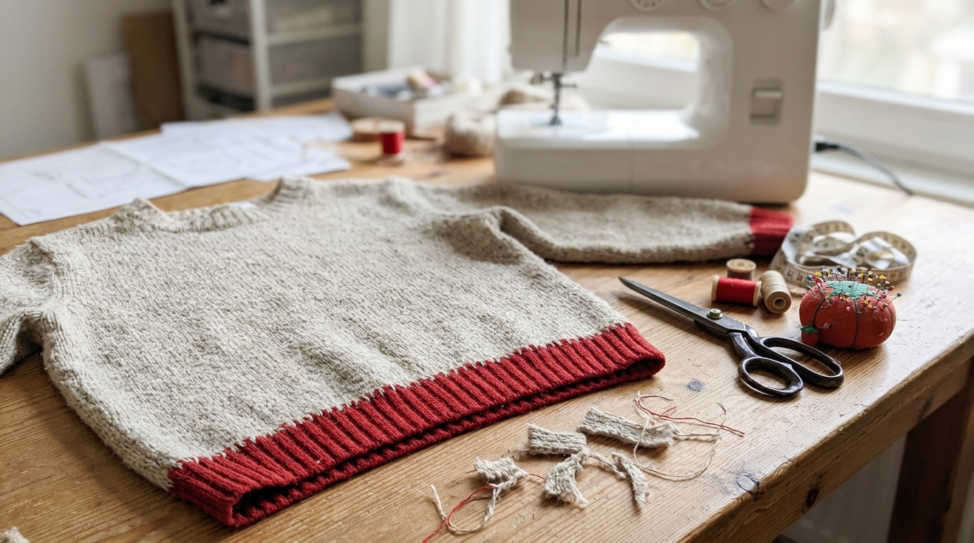 Close up of a ribbed knit sweater hem