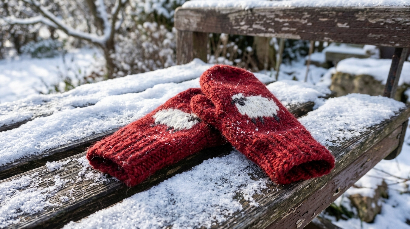 Pair of warm hand knitted mittens for winter
