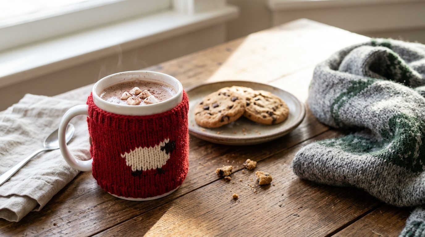 Red knit mug cozy with a small white sheep on a cup of cocoa