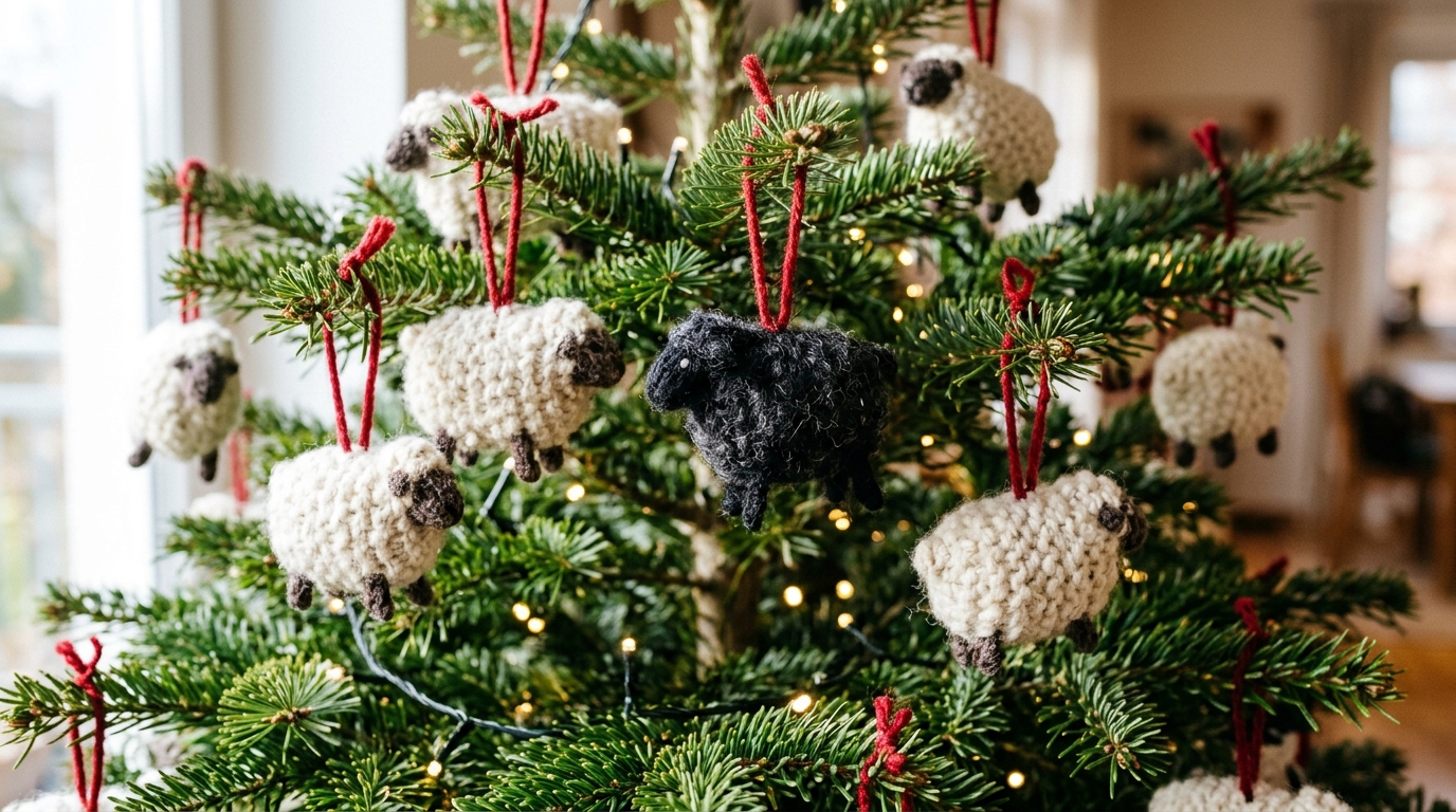 Knitted white and black sheep ornaments inspired by the Princess Diana sweater on a Christmas tree