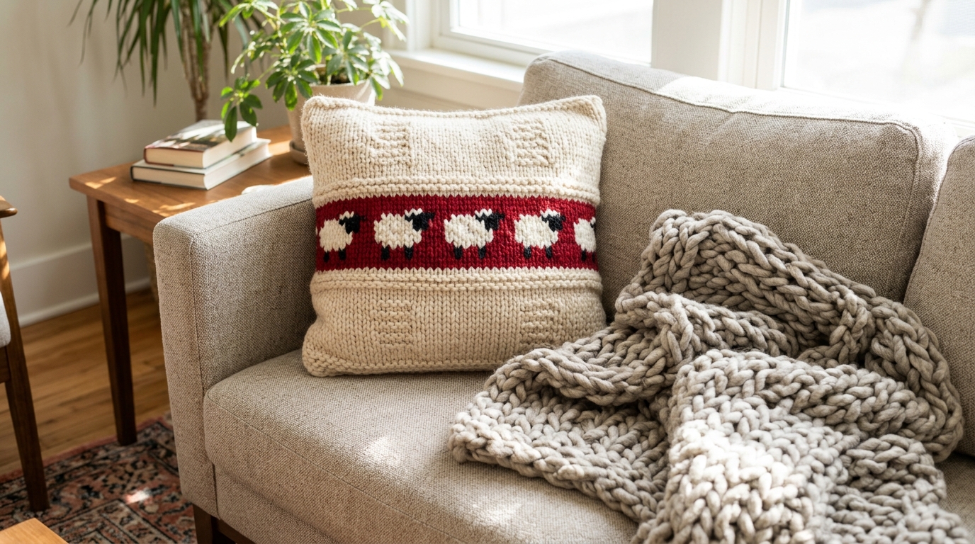 Princess Diana sweater inspired red and cream throw pillow with white sheep on a sofa