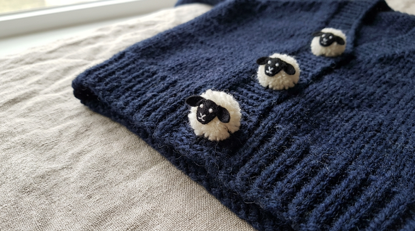 Navy cardigan with handmade white pom pom sheep buttons