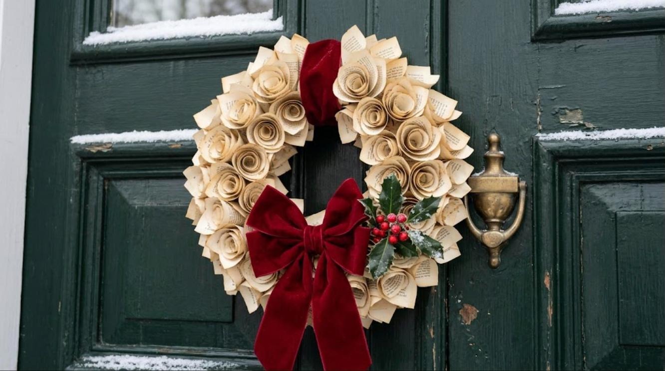 Charles Dickens Christmas wreath made from rolled old book pages with a red velvet bow on a green door