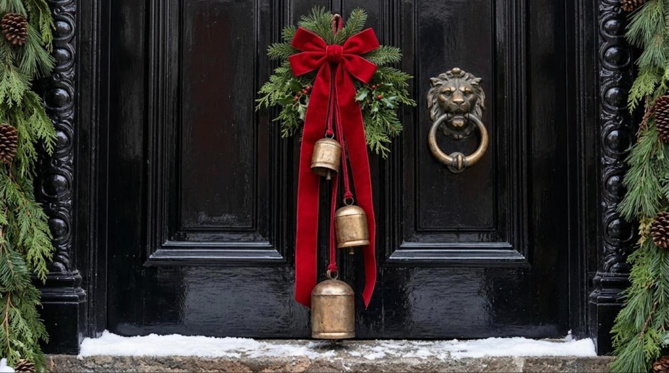 Charles Dickens Christmas door: brass bells on a red velvet ribbon beside a lion head door knocker