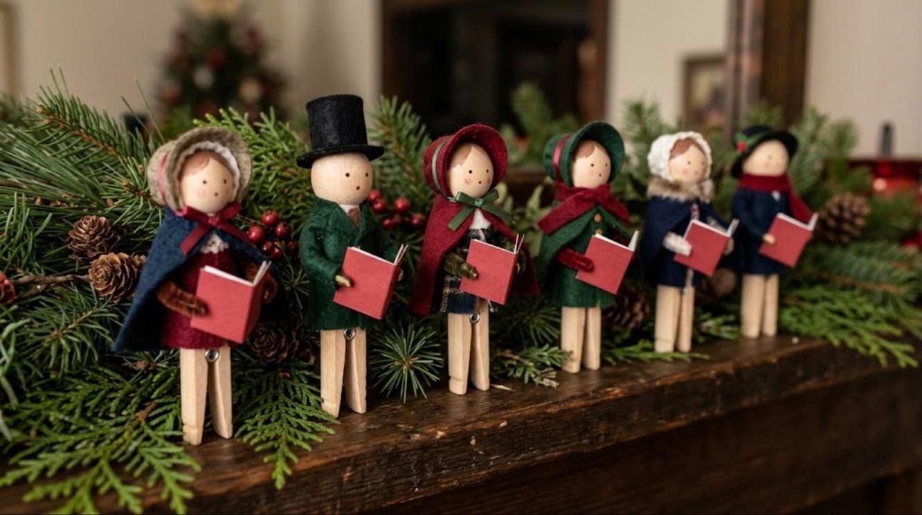 Charles Dickens Christmas craft: clothespin caroler figures in Victorian coats, bonnets and a top hat on a mantel