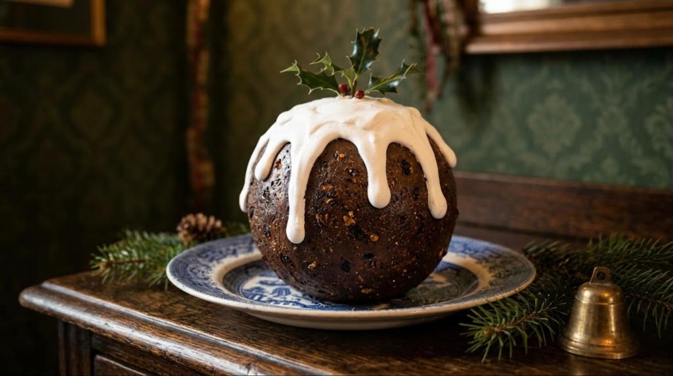 Charles Dickens Christmas craft: a faux plum pudding with puffy paint custard and a holly sprig on a blue and white plate