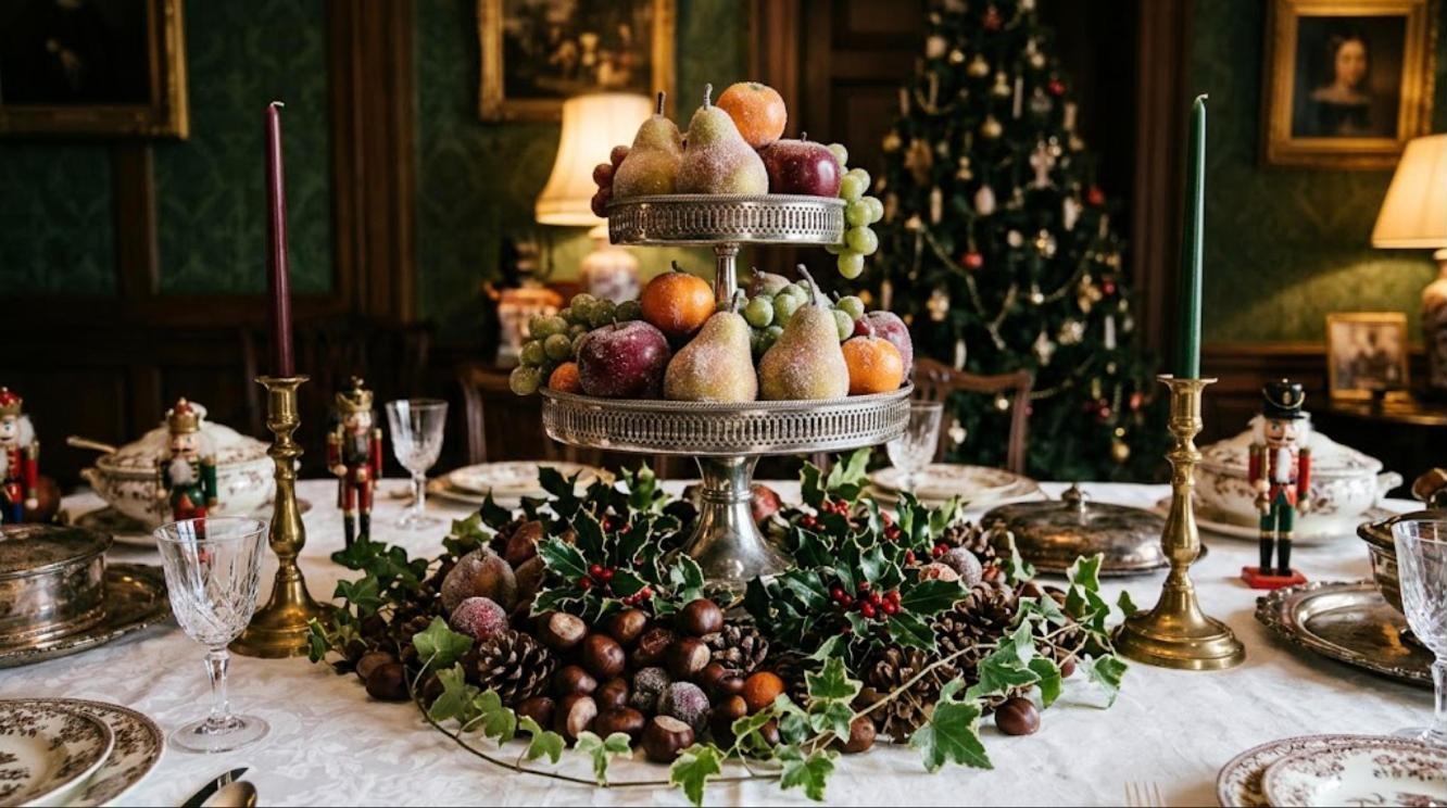 A tiered silver stand piled with sugared faux pears, apples and grapes, with chestnuts, holly and ivy on a Victorian table