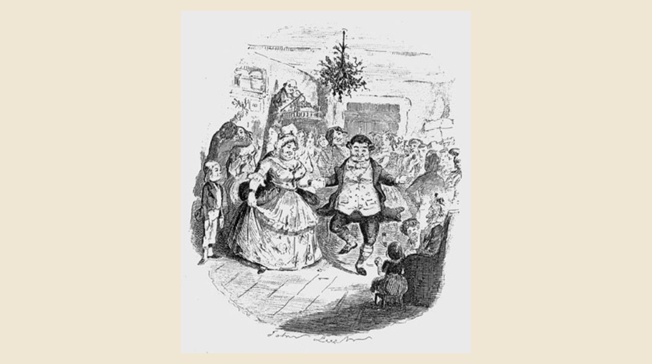 Mr Fezziwig's Ball, John Leech's 1843 illustration of a Christmas party with mistletoe hanging from the ceiling