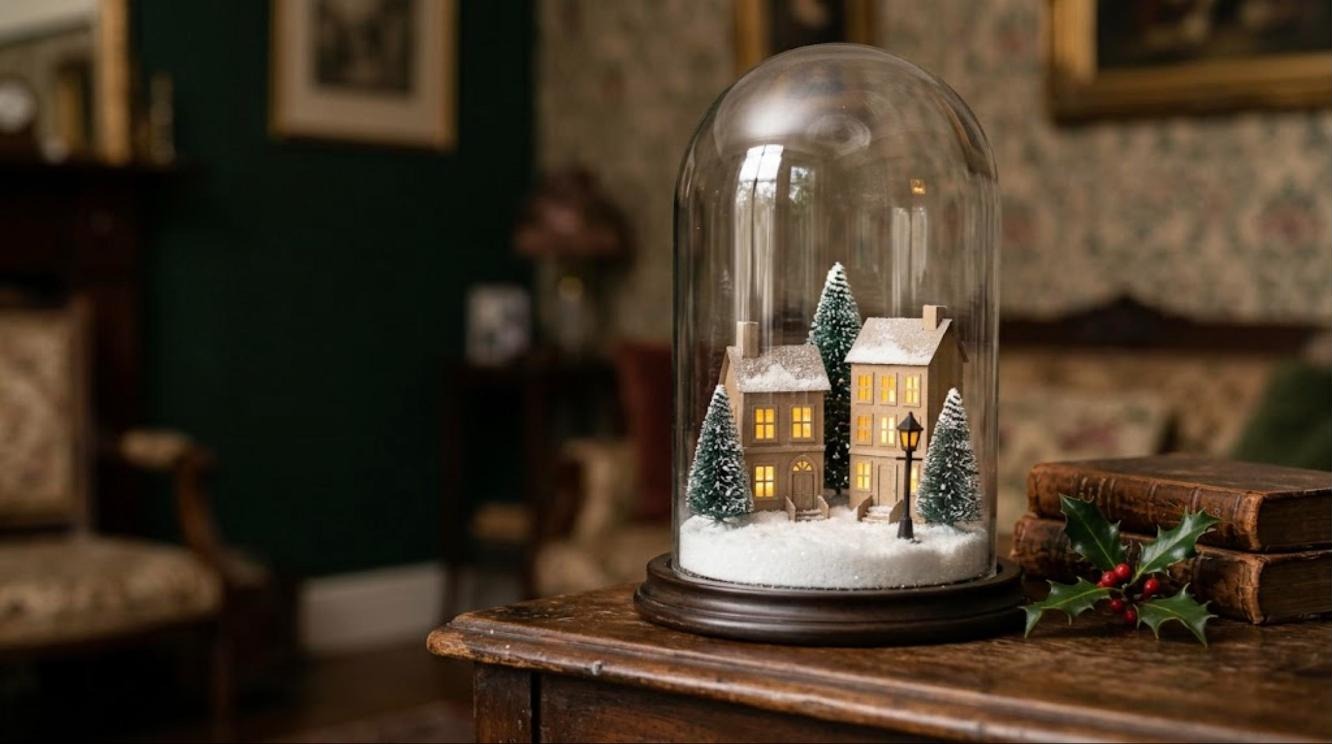 A tiny snowy Victorian street with paper townhouses and bottle brush trees under a glass cloche