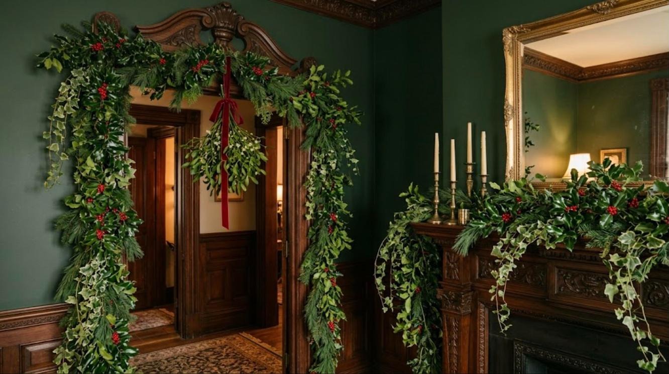 Charles Dickens Christmas decor: holly, ivy and mistletoe garlands over a Victorian doorway and mantel