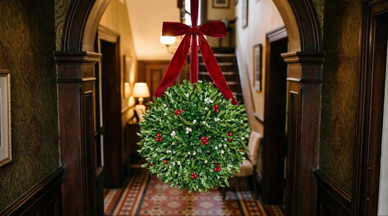 A boxwood and mistletoe kissing ball hanging from a red velvet ribbon in a Victorian hallway arch