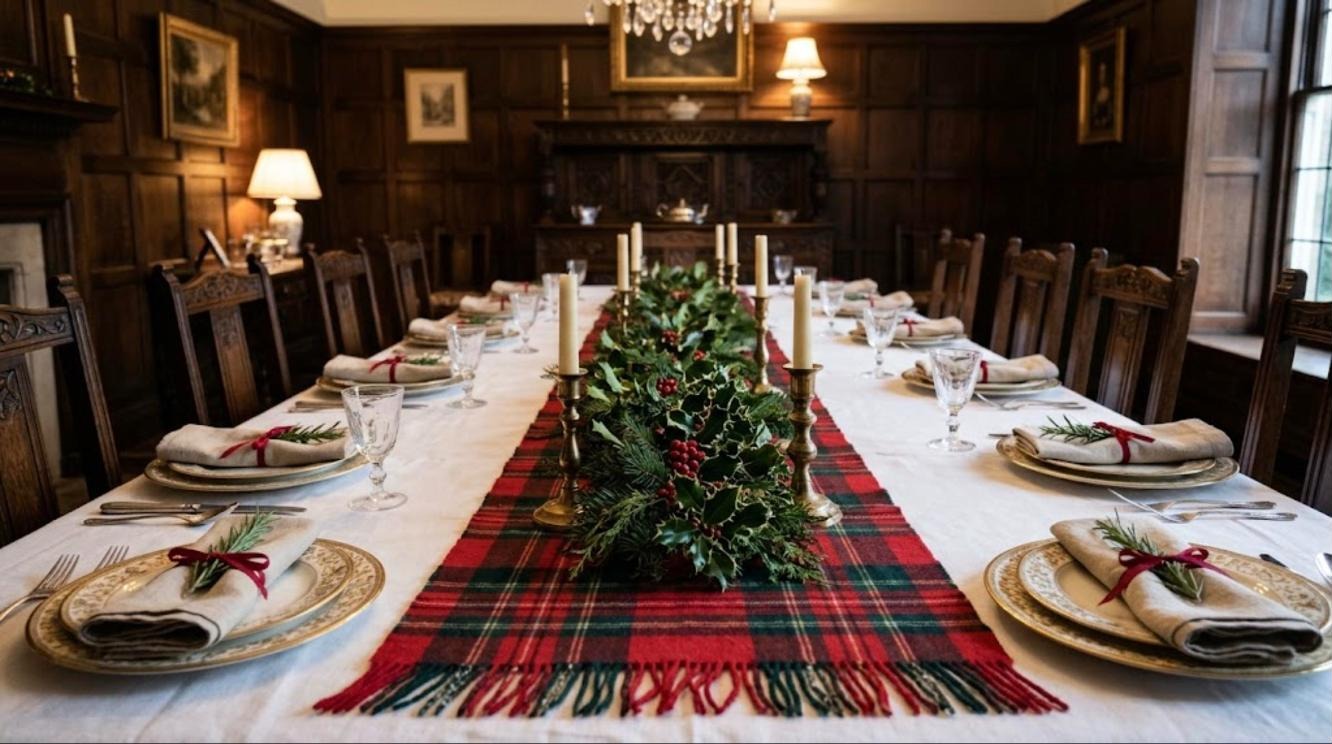 Charles Dickens Christmas table: a red and green tartan runner with holly garland, brass candlesticks and rosemary napkins