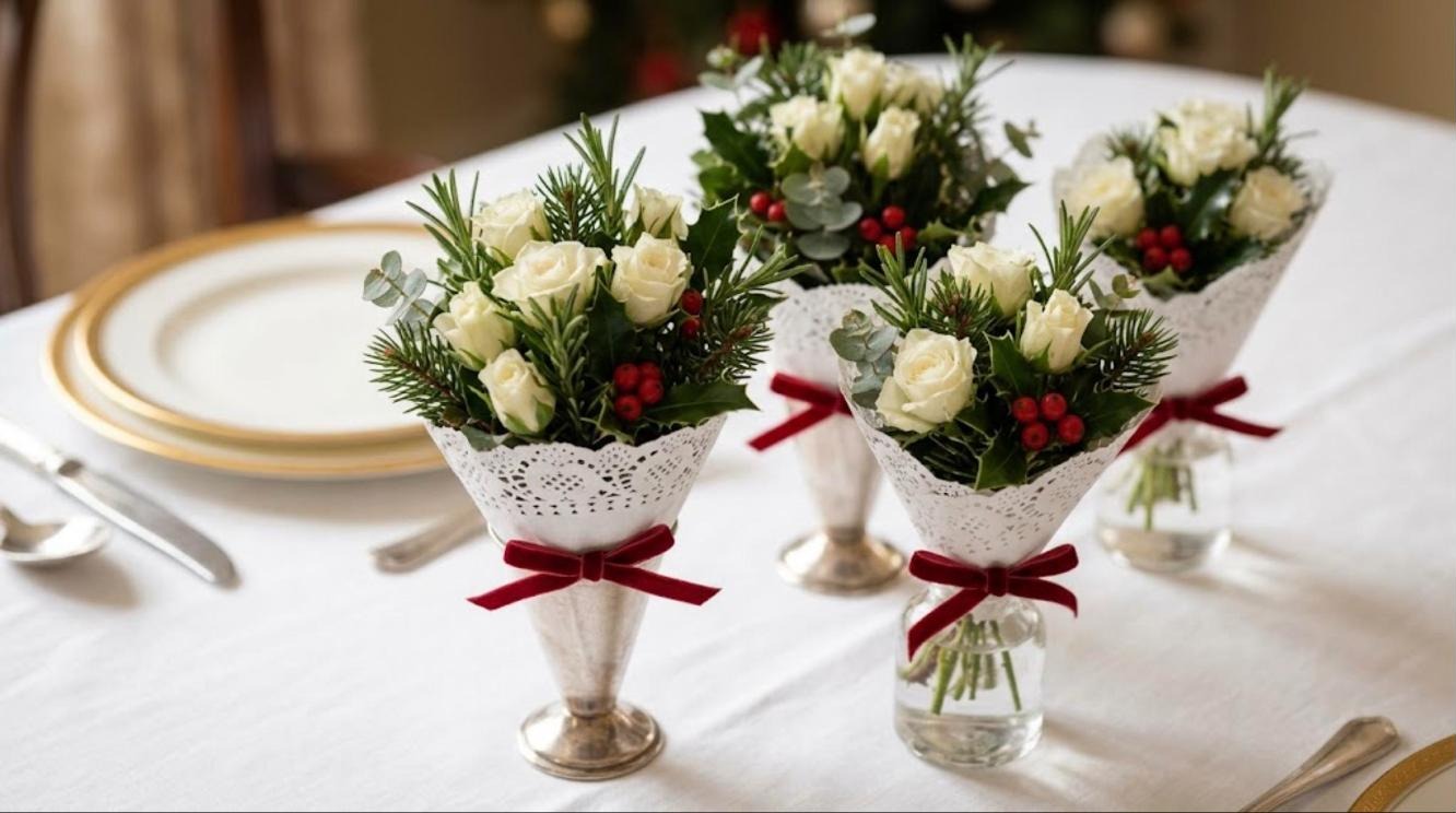 Small Victorian tussie mussie posies of white roses, holly and rosemary in lace doily cones on a Christmas table